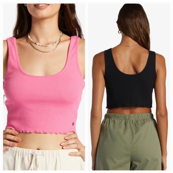 Roxy Womens Cafe Cream "Keep It Wavy" Cropped Lettuce Hem Tank Top Size Medium - Picture 2 of 9